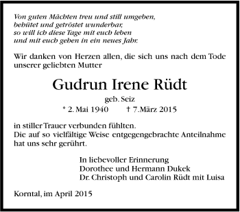 Traueranzeige von Gudrun Irene Rüdt von Stuttgarter Zeitung / Stuttgarter Nachrichten
