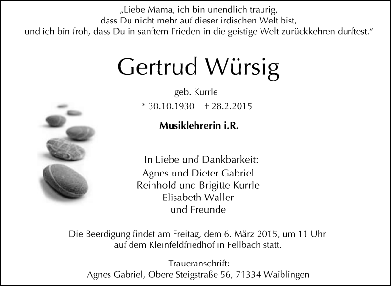  Traueranzeige für Gertrud Würsig vom 03.03.2015 aus Stuttgarter Zeitung / Stuttgarter Nachrichten