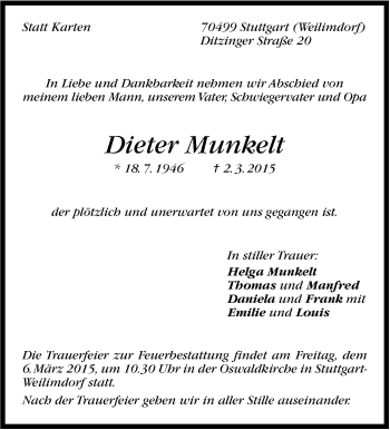 Traueranzeige von Dieter Munkelt von Stuttgarter Zeitung / Stuttgarter Nachrichten