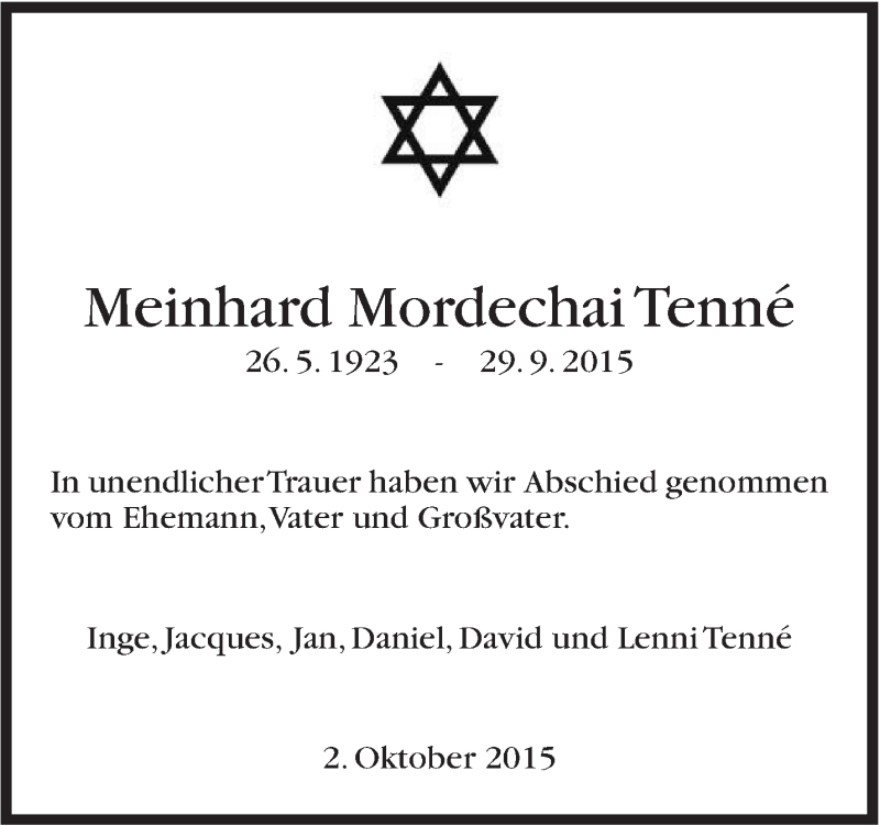  Traueranzeige für Meinhard Mordechai  Tenné vom 02.10.2015 aus Stuttgarter Zeitung / Stuttgarter Nachrichten