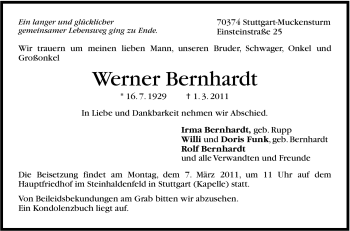 Traueranzeige von Werner Bernhardt von Stuttgarter Zeitung / Stuttgarter Nachrichten
