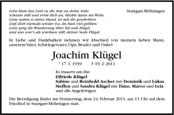 Traueranzeige von Joachim Klügel von Stuttgarter Zeitung / Stuttgarter Nachrichten