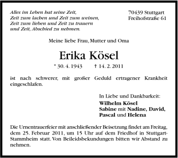 Traueranzeige von Erika Kösel von Stuttgarter Zeitung / Stuttgarter Nachrichten