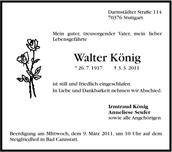 Traueranzeige von Walter König von Stuttgarter Zeitung / Stuttgarter Nachrichten