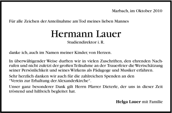 Traueranzeige von Hermann Lauer von Marbacher Zeitung