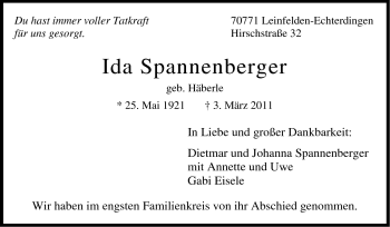 Traueranzeige von Ida Spannenberger von Stuttgarter Zeitung / Stuttgarter Nachrichten