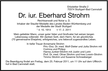 Traueranzeige von Eberhard Strohm von Stuttgarter Zeitung / Stuttgarter Nachrichten