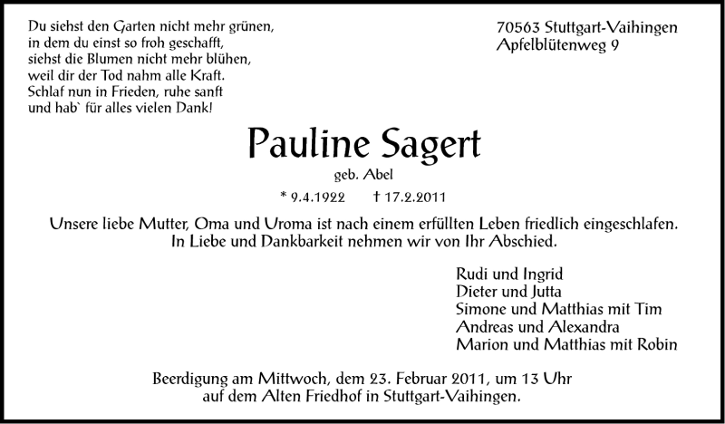  Traueranzeige für Pauline Sagert vom 19.02.2011 aus Stuttgarter Zeitung / Stuttgarter Nachrichten