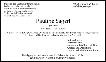 Traueranzeige von Pauline Sagert von Stuttgarter Zeitung / Stuttgarter Nachrichten