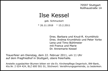 Traueranzeige von Ilse Kessel von Stuttgarter Zeitung / Stuttgarter Nachrichten