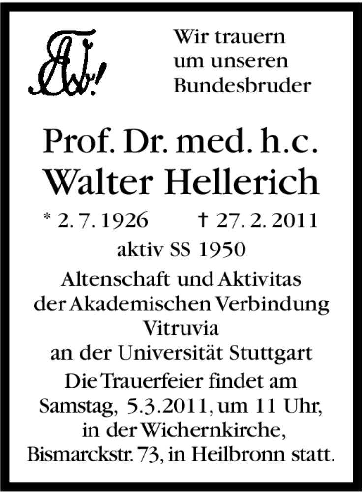  Traueranzeige für Walter Hellerich vom 03.03.2011 aus Stuttgarter Zeitung / Stuttgarter Nachrichten