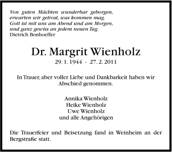 Traueranzeige von Margrit Wienholz von Stuttgarter Zeitung / Stuttgarter Nachrichten