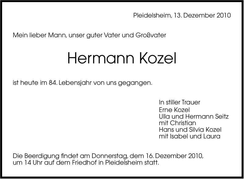  Traueranzeige für Hermann Kozel vom 14.12.2010 aus Marbacher Zeitung