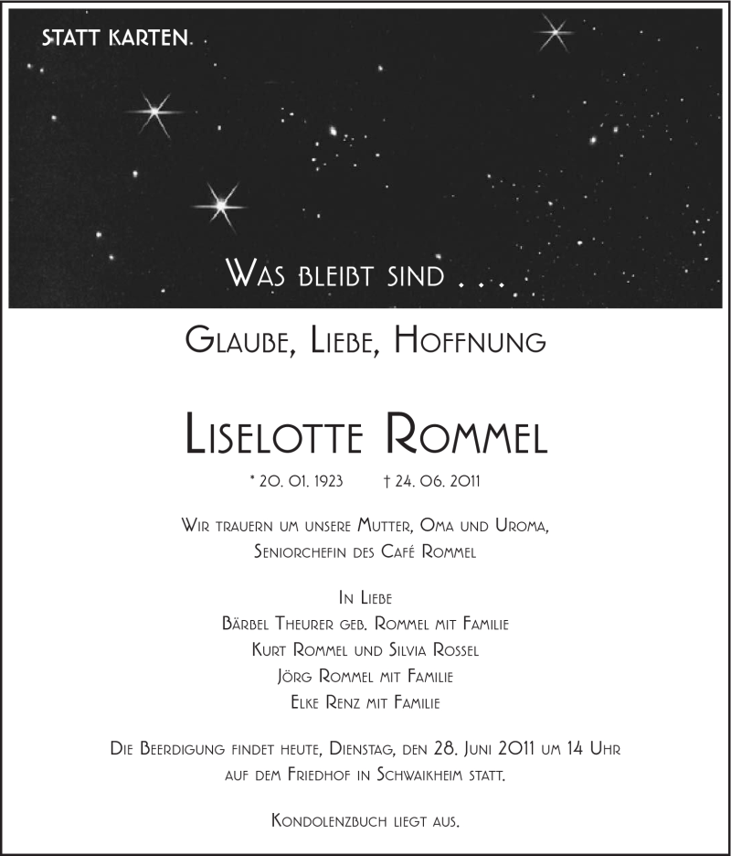  Traueranzeige für Liselotte Rommel vom 28.06.2011 aus Stuttgarter Zeitung / Stuttgarter Nachrichten