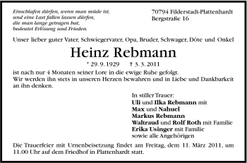 Traueranzeige von Heinz Rebmann von Stuttgarter Zeitung / Stuttgarter Nachrichten
