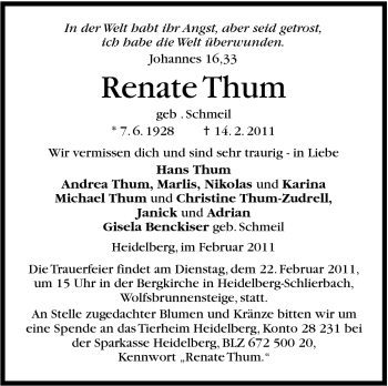 Traueranzeige von Renate Thum von Stuttgarter Zeitung / Stuttgarter Nachrichten
