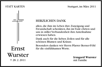 Traueranzeige von Ernst Wurster von Stuttgarter Zeitung / Stuttgarter Nachrichten