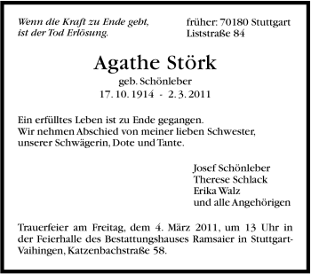 Traueranzeige von Agathe Störk von Stuttgarter Zeitung / Stuttgarter Nachrichten