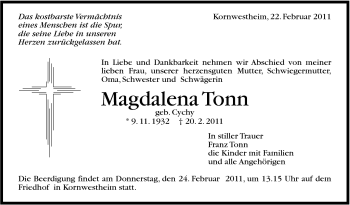 Traueranzeige von Magdalena Tonn von Stuttgarter Zeitung / Stuttgarter Nachrichten