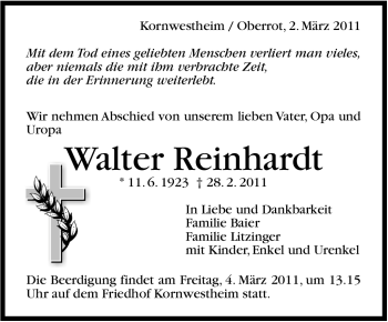 Traueranzeige von Walter Reinhardt von Stuttgarter Zeitung / Stuttgarter Nachrichten