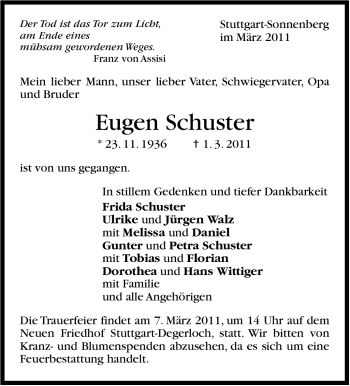 Traueranzeige von Eugen Schuster von Stuttgarter Zeitung / Stuttgarter Nachrichten