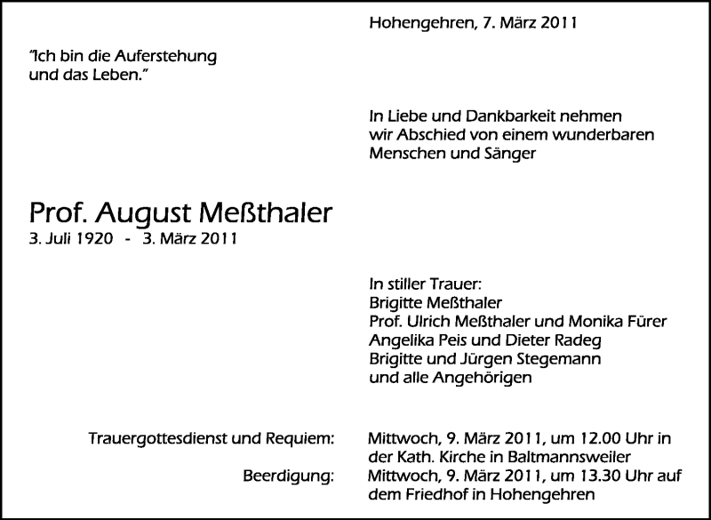  Traueranzeige für August Meßthaler vom 07.03.2011 aus Stuttgarter Zeitung / Stuttgarter Nachrichten