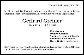 Traueranzeige von Gerhard Greiner von Marbacher Zeitung