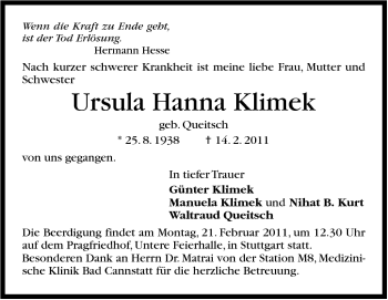 Traueranzeige von Ursula Hanna Klimek von Stuttgarter Zeitung / Stuttgarter Nachrichten