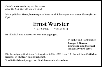 Traueranzeige von Ernst Wurster von Stuttgarter Zeitung / Stuttgarter Nachrichten