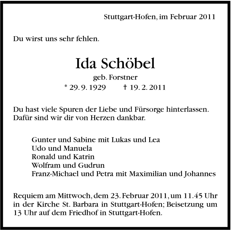  Traueranzeige für Ida Schöbel vom 22.02.2011 aus Stuttgarter Zeitung / Stuttgarter Nachrichten