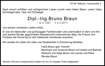Traueranzeige von Bruno Braun von Stuttgarter Zeitung / Stuttgarter Nachrichten