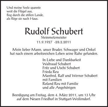 Traueranzeige von Rudolf Schubert von Stuttgarter Zeitung / Stuttgarter Nachrichten