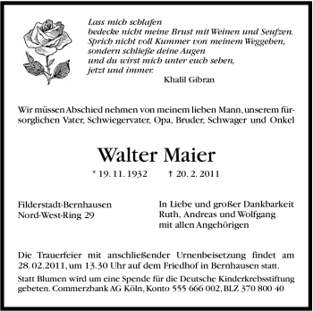 Traueranzeige von Walter Maier von Stuttgarter Zeitung / Stuttgarter Nachrichten
