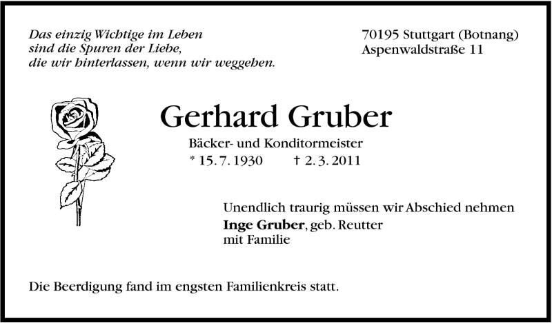  Traueranzeige für Gerhard Gruber vom 09.03.2011 aus Stuttgarter Zeitung / Stuttgarter Nachrichten
