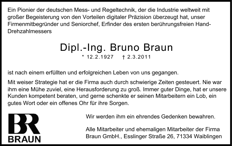  Traueranzeige für Bruno Braun vom 12.03.2011 aus Stuttgarter Zeitung / Stuttgarter Nachrichten