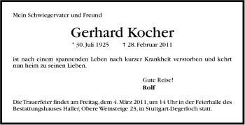 Traueranzeige von Gerhard Kocher von Stuttgarter Zeitung / Stuttgarter Nachrichten