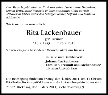 Traueranzeige von Rita Lackenbauer von Stuttgarter Zeitung / Stuttgarter Nachrichten