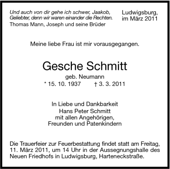 Traueranzeige von Gesche Schmitt von Stuttgarter Zeitung / Stuttgarter Nachrichten