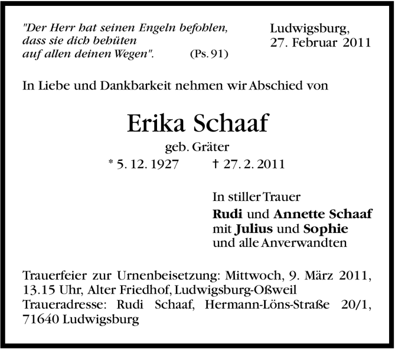  Traueranzeige für Erika Schaaf vom 04.03.2011 aus Stuttgarter Zeitung / Stuttgarter Nachrichten