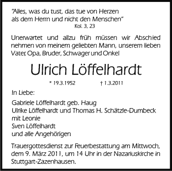Traueranzeige von Ulrich Löffelhardt von Stuttgarter Zeitung / Stuttgarter Nachrichten