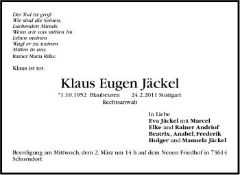 Traueranzeige von Klaus Eugen Jäckel von Stuttgarter Zeitung / Stuttgarter Nachrichten