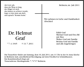 Traueranzeige von Helmut Graf von Marbacher Zeitung