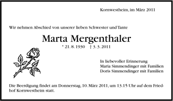 Traueranzeige von Marta Mergenthaler von Stuttgarter Zeitung / Stuttgarter Nachrichten