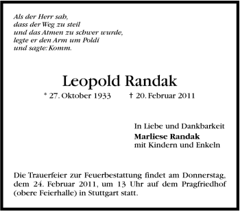 Traueranzeige von Leopold Randak von Stuttgarter Zeitung / Stuttgarter Nachrichten
