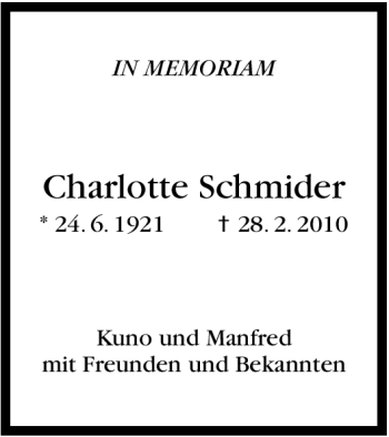 Traueranzeige von Charlotte Schmider von Stuttgarter Zeitung / Stuttgarter Nachrichten