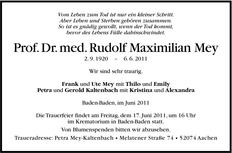  Traueranzeige für Rudolf Maximilian Mey vom 11.06.2011 aus Stuttgarter Zeitung / Stuttgarter Nachrichten