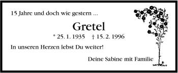 Traueranzeige von Gretel  von Stuttgarter Zeitung / Stuttgarter Nachrichten