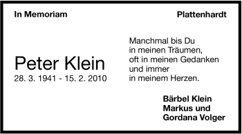 Traueranzeige von Peter Klein von Stuttgarter Zeitung / Stuttgarter Nachrichten