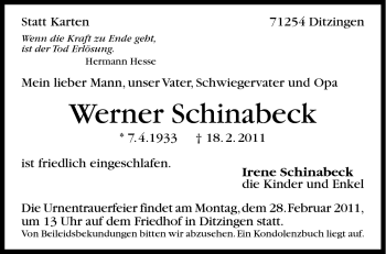 Traueranzeige von Werner Schinabeck von Stuttgarter Zeitung / Stuttgarter Nachrichten