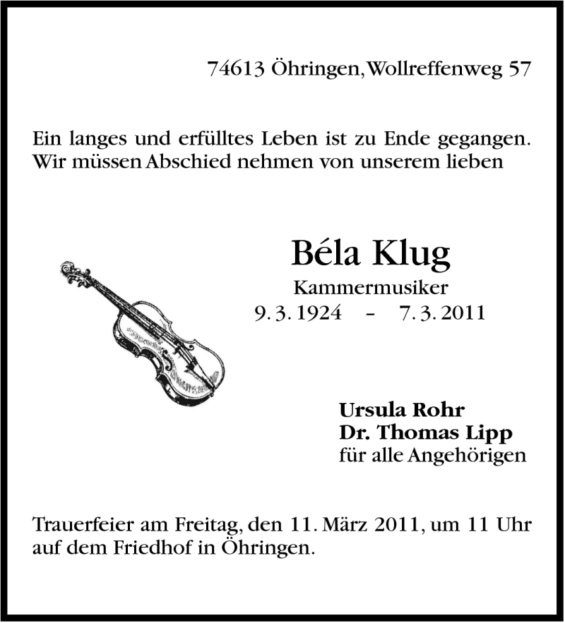  Traueranzeige für Béla Klug vom 09.03.2011 aus Stuttgarter Zeitung / Stuttgarter Nachrichten